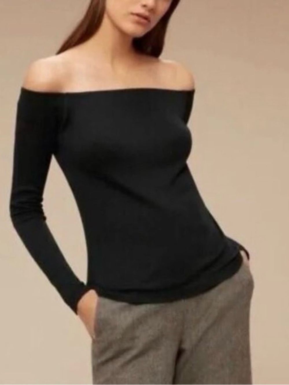Babaton Aritzia Black Cashmere Blend Off Shoulder Long Sleeve Top